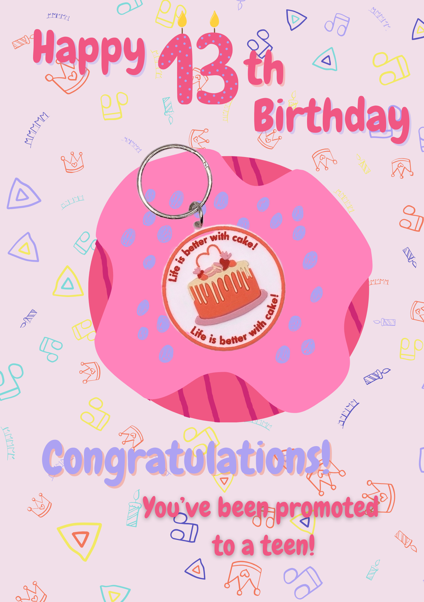 13th Birthday Card with cake Keyring gift