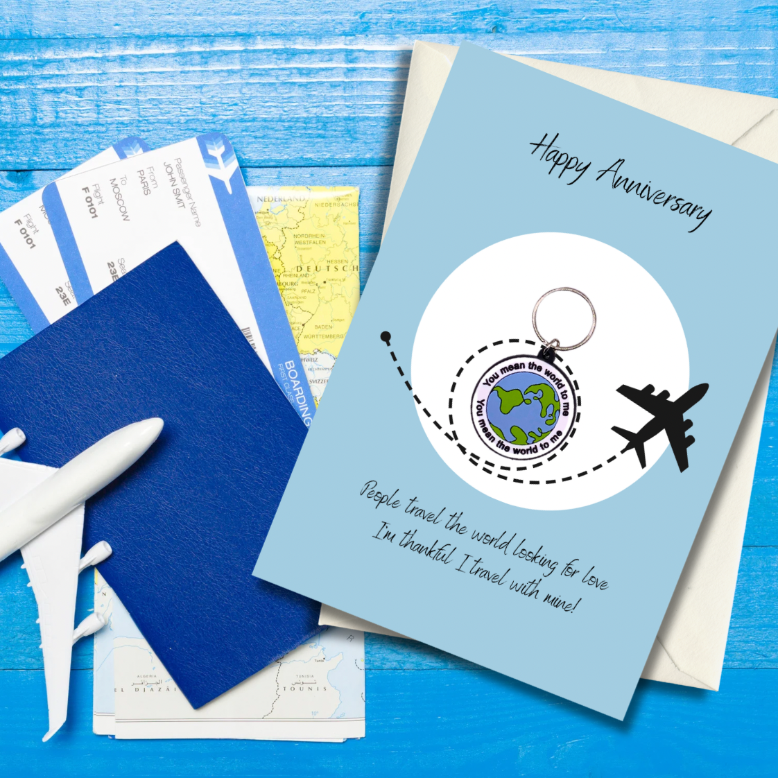 Anniversary card with world Keyring gift