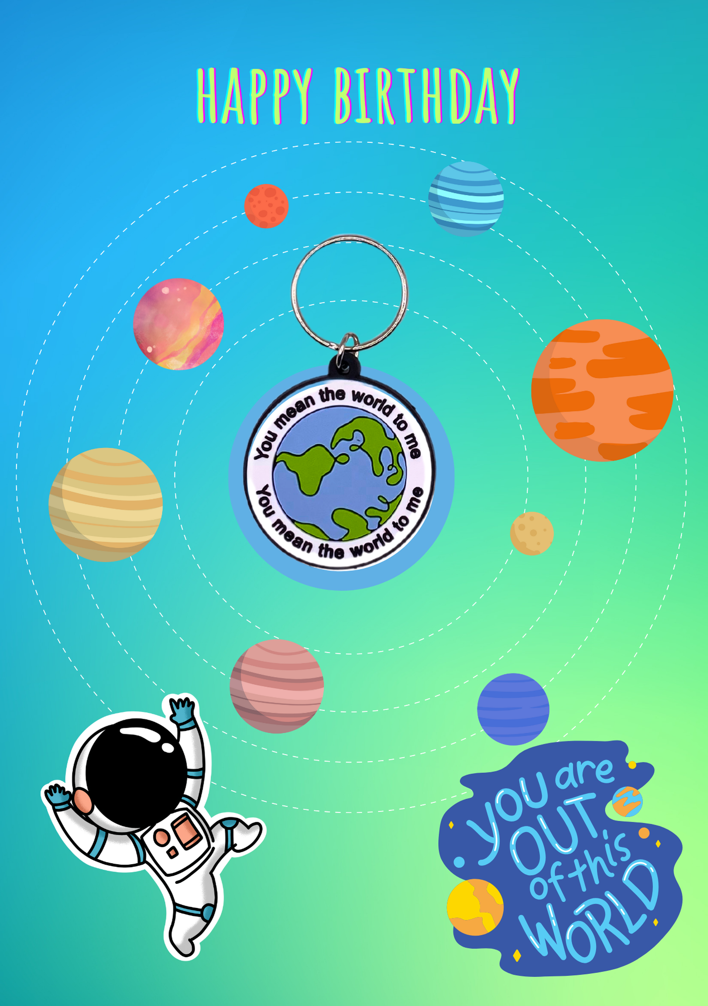 Space Birthday card with world Keyring gift