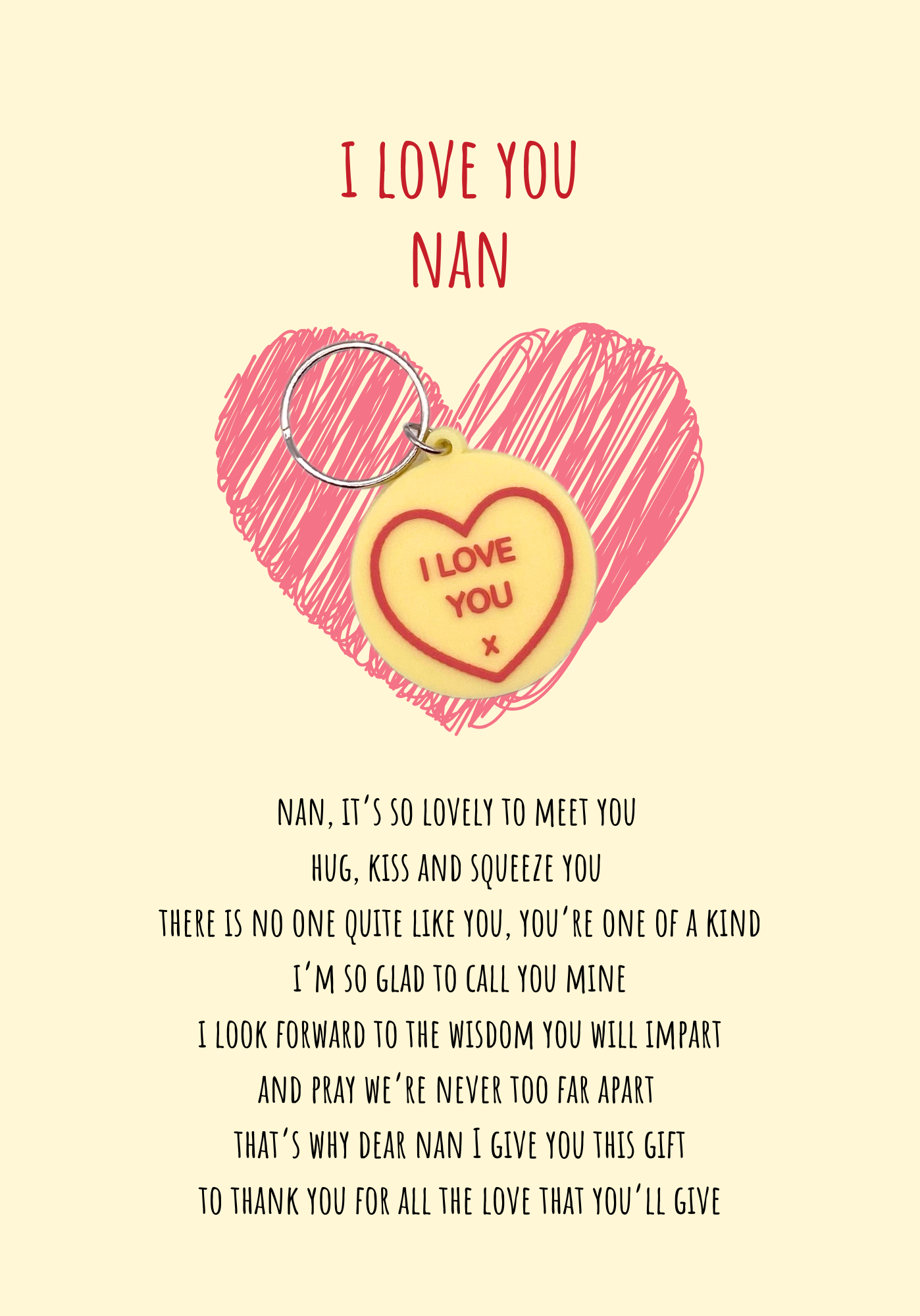 Hello Nan from bump card with heart Keyring gift