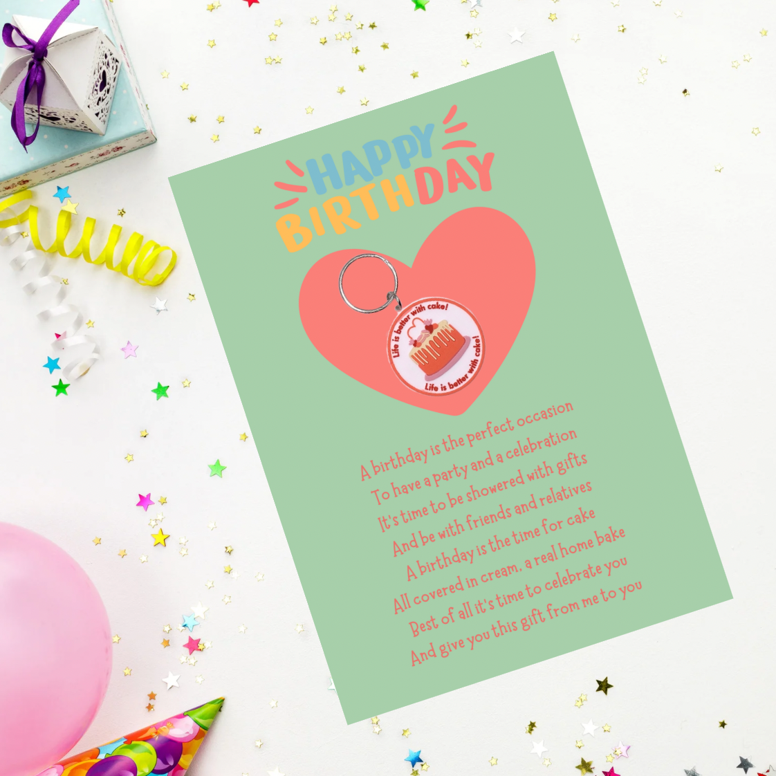 Birthday card with cake Keyring gift