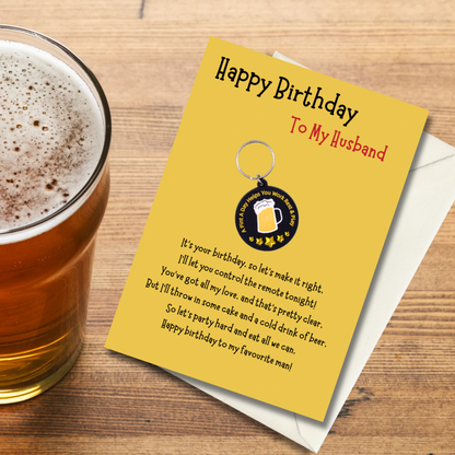 Husband birthday card with beer Keyring gift
