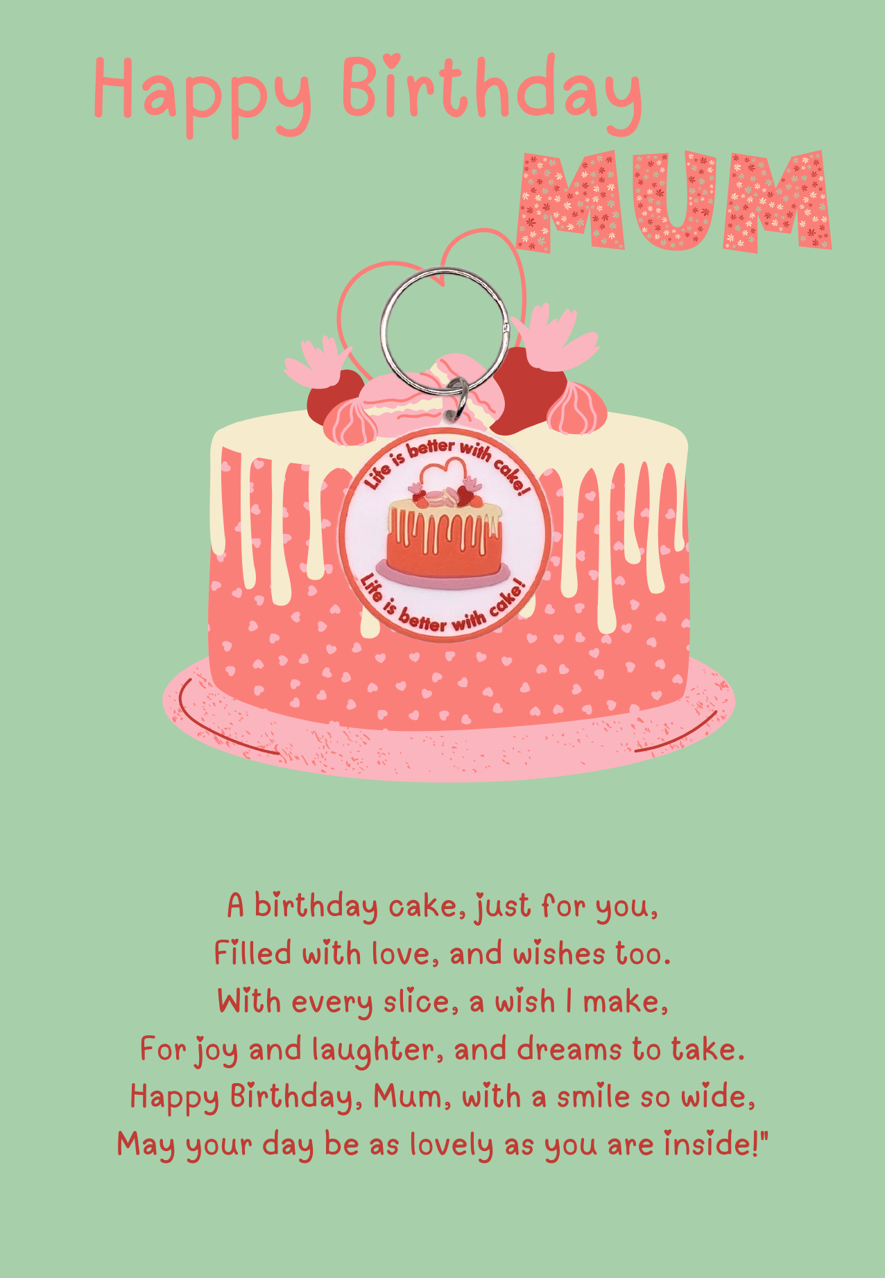 Mum birthday card with cake Keyring gift