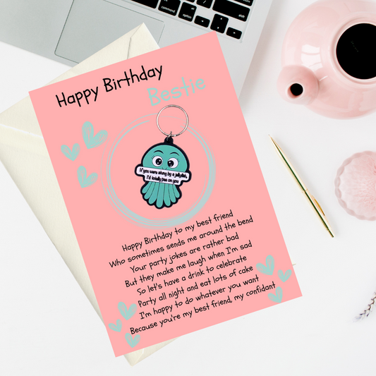 Bestie birthday card with jellyfish Keyring gift