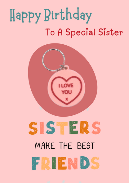 Sister birthday card with heart Keyring gift