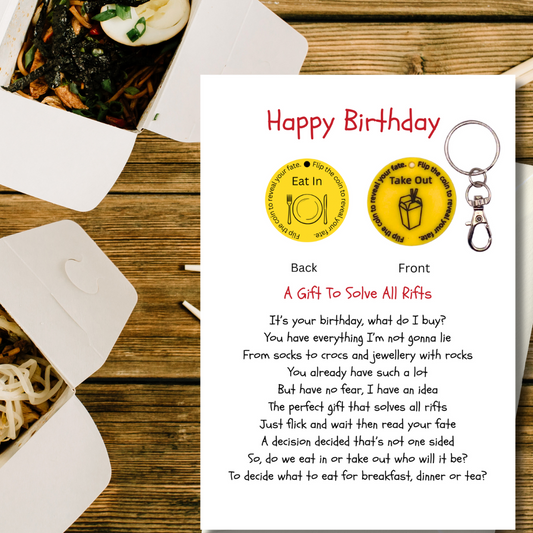 birthday card with takeout decision coin gift