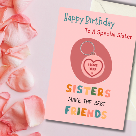 Sister birthday card with heart Keyring gift