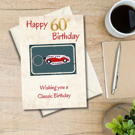 60th Birthday card with classic car keyring gift