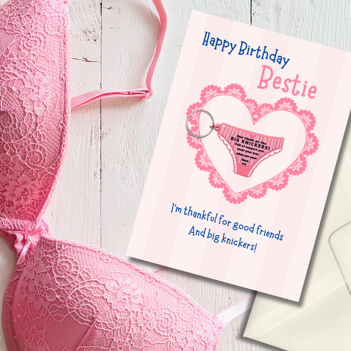 Bestie birthday card with knickers Keyring gift