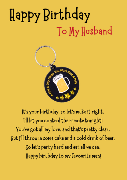 Husband birthday card with beer Keyring gift