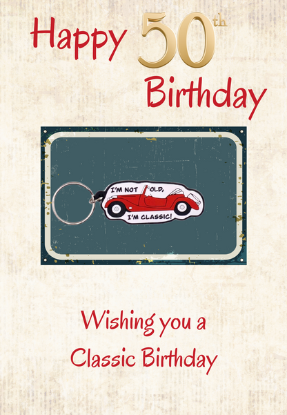 50th Birthday card with classic car Keyring gift