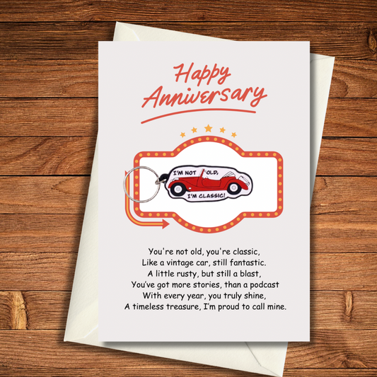 Anniversary card with classic car Keyring gift