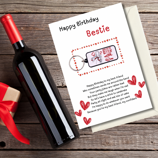 Bestie birthday card with wine Keyring gift