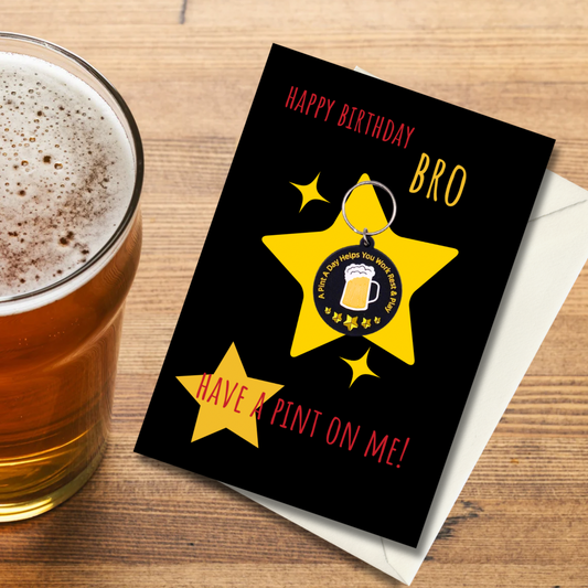 Birthday Bro card with beer Keyring gift