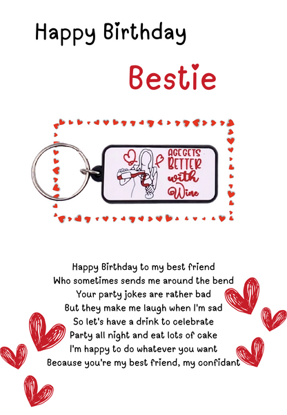 Bestie birthday card with wine Keyring gift
