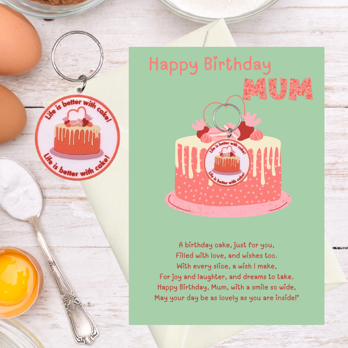 Mum birthday card with cake Keyring gift