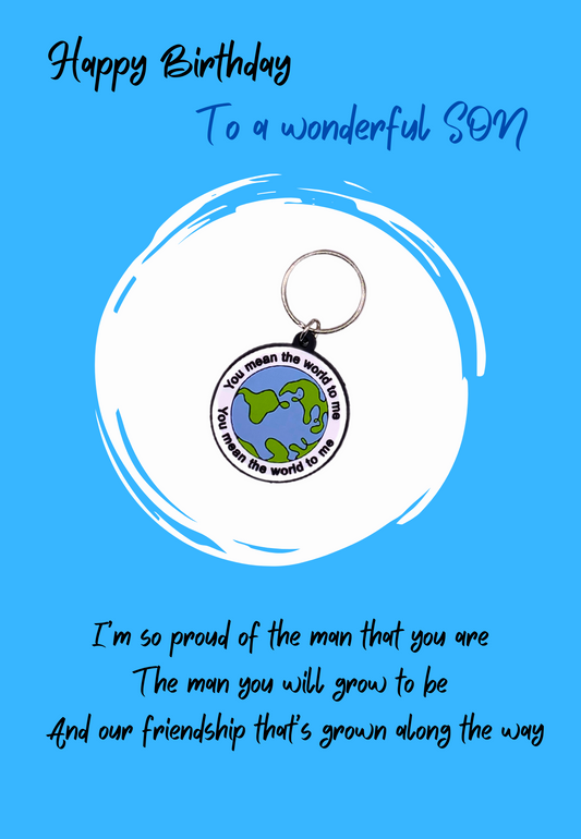 Son birthday card with world Keyring gift