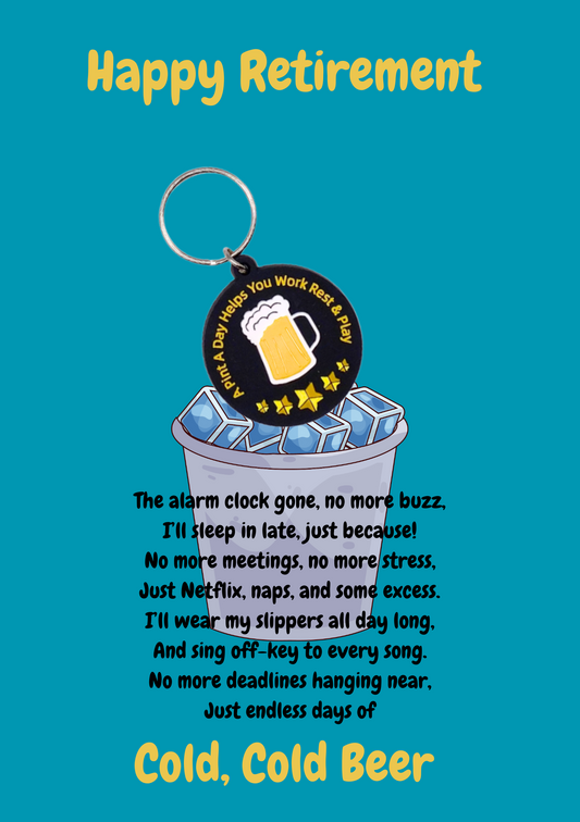 Retirement card with beer Keyring gift